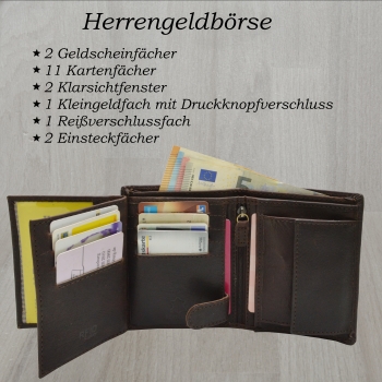 Herrengeldbörse Flügel Druck Hochformat Echt Leder Dunkelbraun mit RFID Schutz